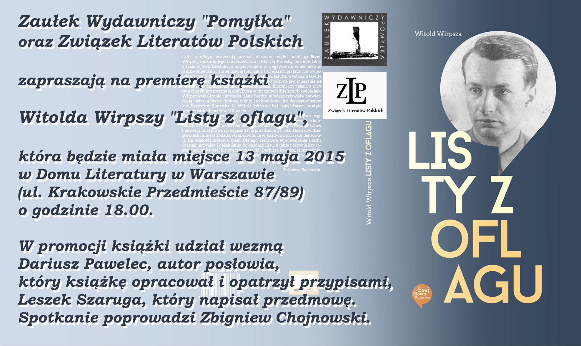 Zaproszenie na promocję książki "Listy z oflagu" Witolda Wirpszy